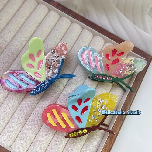 后脑勺彩色蝴蝶抓夹醋酸水钻甜美