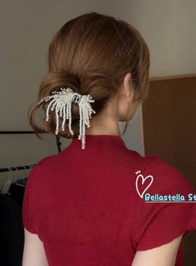 敲洋气~珍珠流苏小抓夹女2025新款后脑勺半扎发鲨鱼夹高级感头饰
