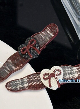 红色格纹爱心蝴蝶结发夹女高级感刘海碎发侧边鸭嘴夹甜美可爱头饰