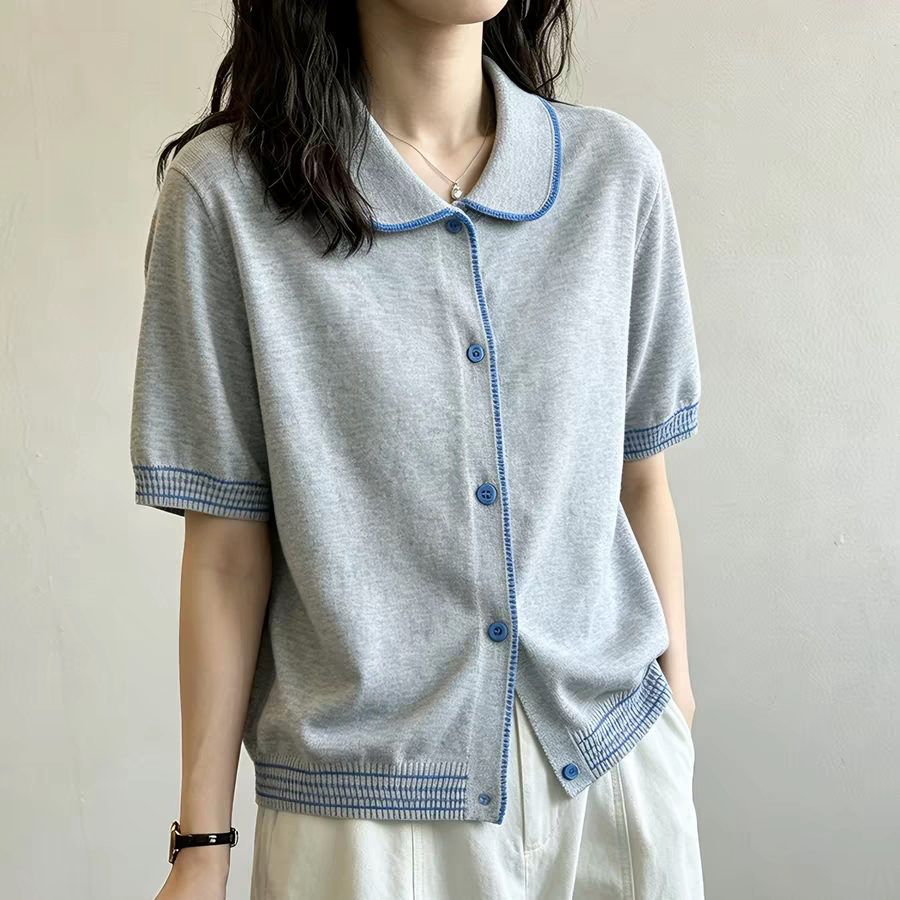 特大码200斤胖mm穿搭灰色短袖针织衫女2026夏新撞色翻领开衫上衣图片