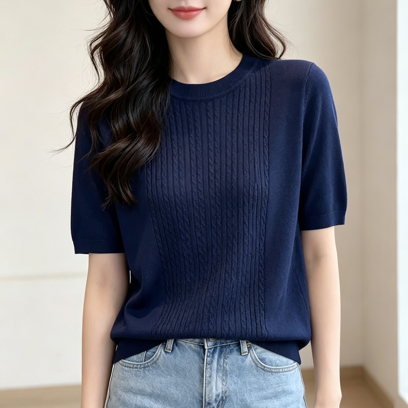 特大码200斤胖mm韩系圆领麻花短袖针织T恤女夏季新款宽松休闲上衣