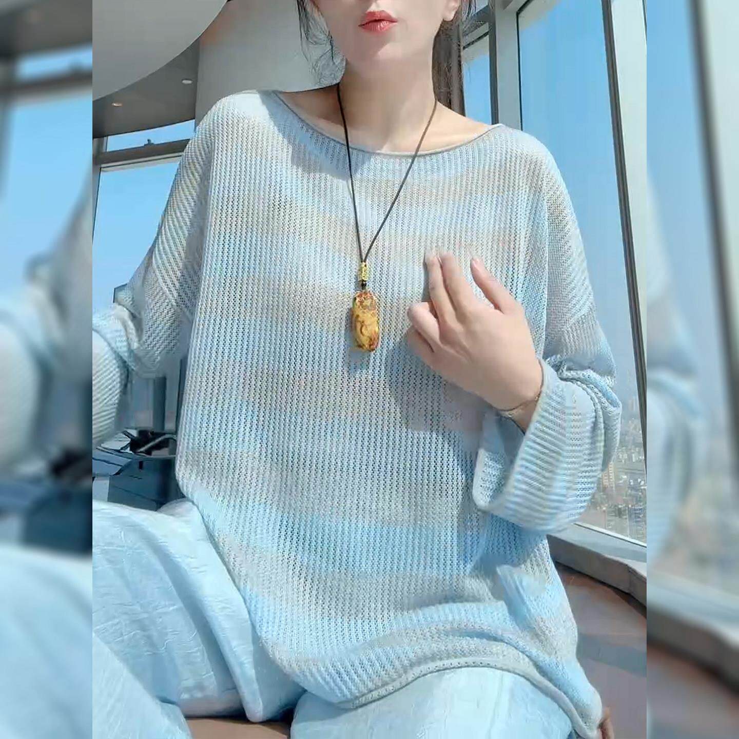 胖MM200斤特大码条纹防晒针织女夏季新款宽松薄款空调罩衫上衣