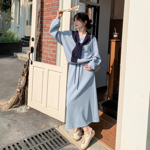 实拍蓝色慵懒风宽松休闲卫衣套装2026春款韩版显瘦半身裙两件套