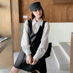 实拍白色衬衫pu皮背心连衣裙套装2026新款甜酷风辣妹穿搭一整套