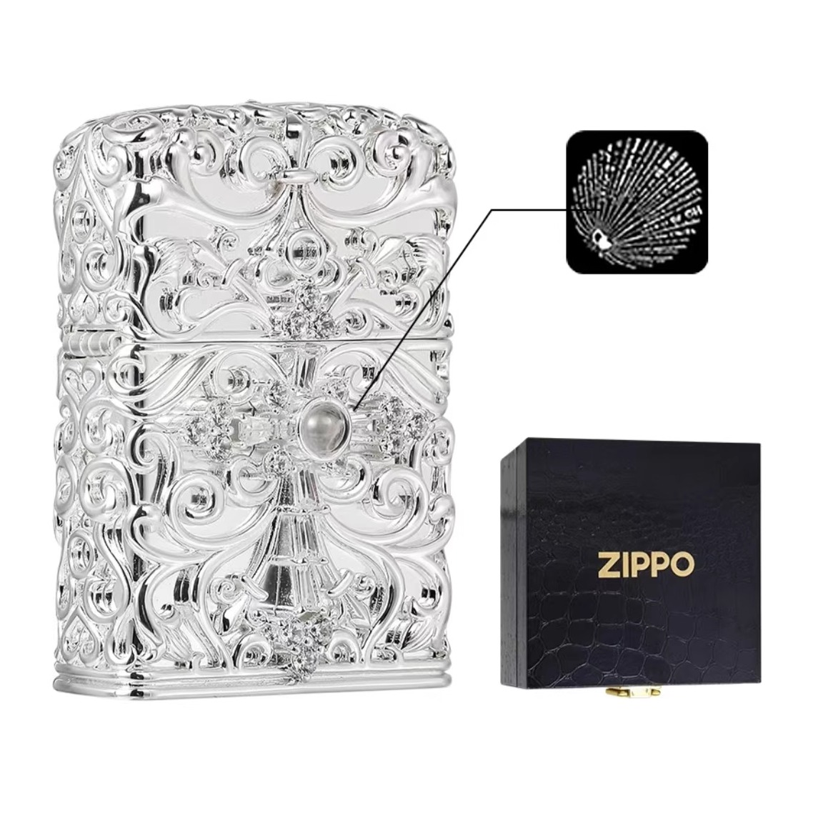 ZIPPO正品镂空镀银 钻石镶嵌 一往情深 百种语言 防风煤油打火机