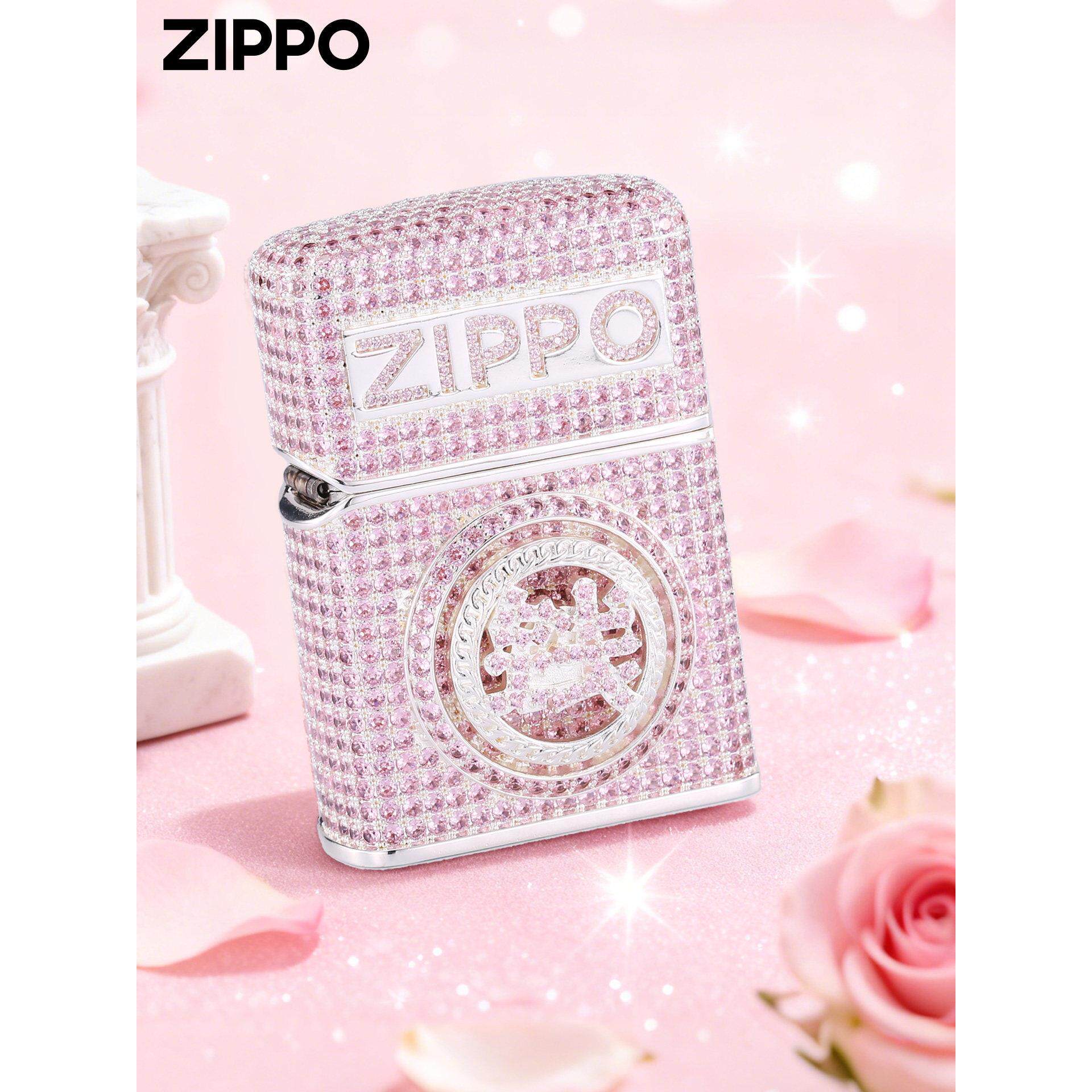zippo打火机生日高颜值礼物 转钱粉钻镶嵌防风煤油送女友