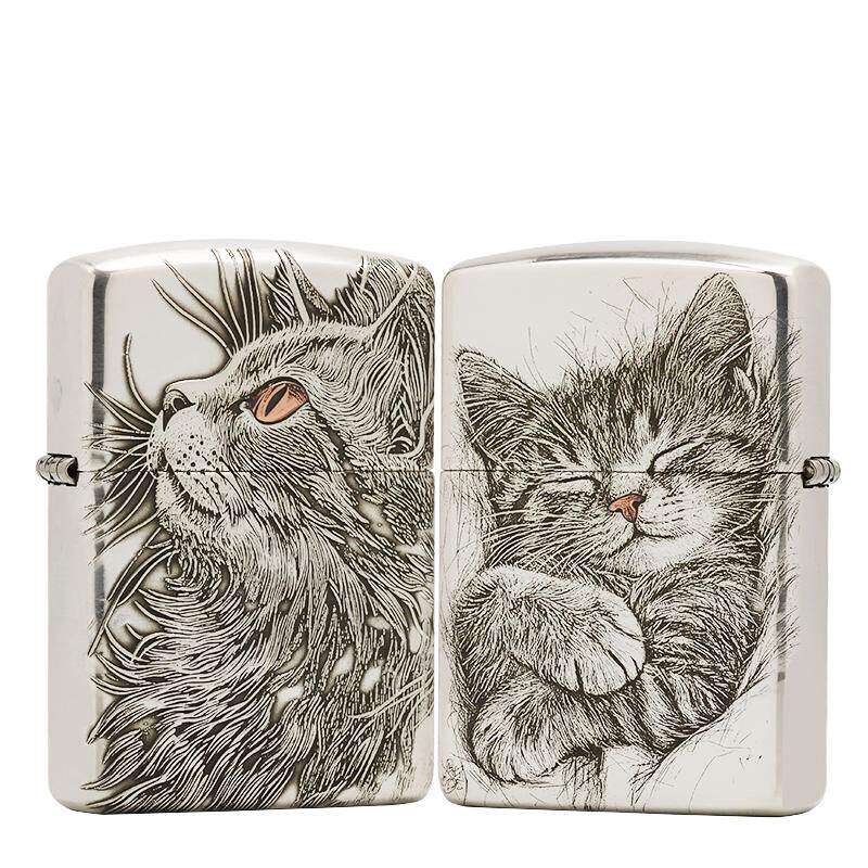 zippo正版防风煤油打火机 鹰皇仰望睡猫纯银盔甲双面雕刻镶嵌送礼