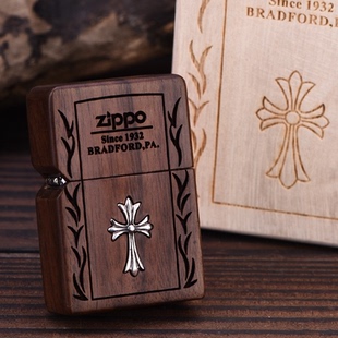 zippo打火机正版防风 胡桃木纯银十字架zppo专柜木质哈雷男士