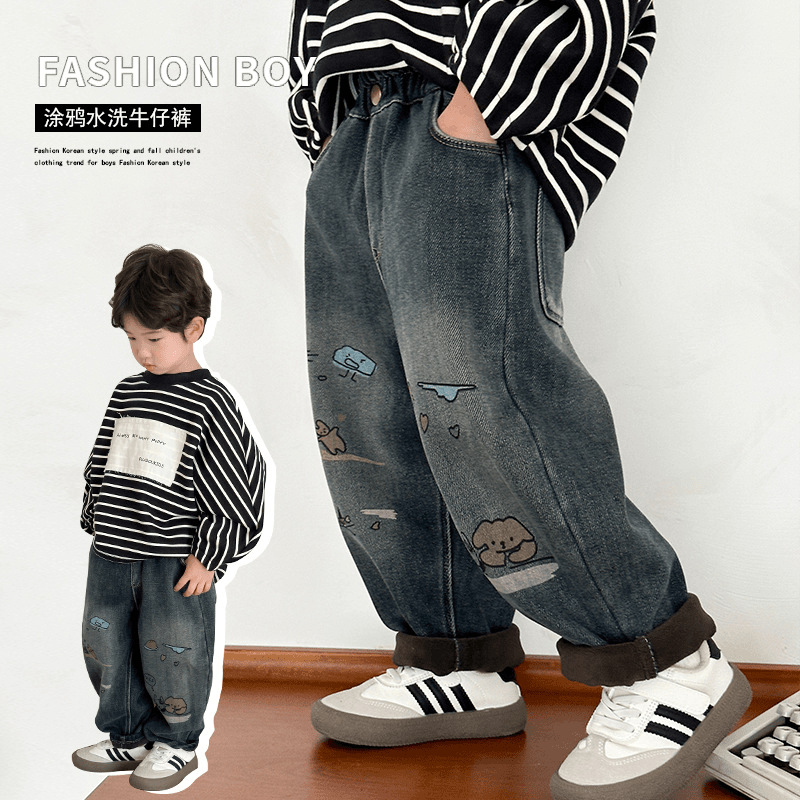 男童加绒牛仔裤秋冬款2025新款儿童洋气涂鸦加厚长裤湖州织里童装