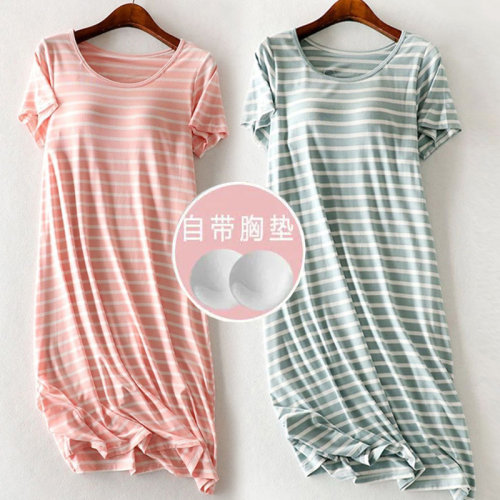 仿莫代尔自带胸垫睡裙女夏短袖睡衣薄款条纹大码连衣裙外穿家居服