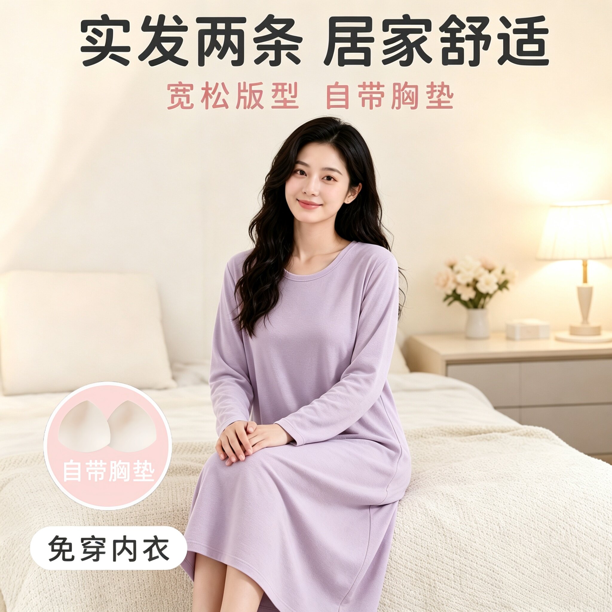 一体式睡裙带胸垫女秋冬季长袖中长款睡衣薄款宽松大码休闲家居服
