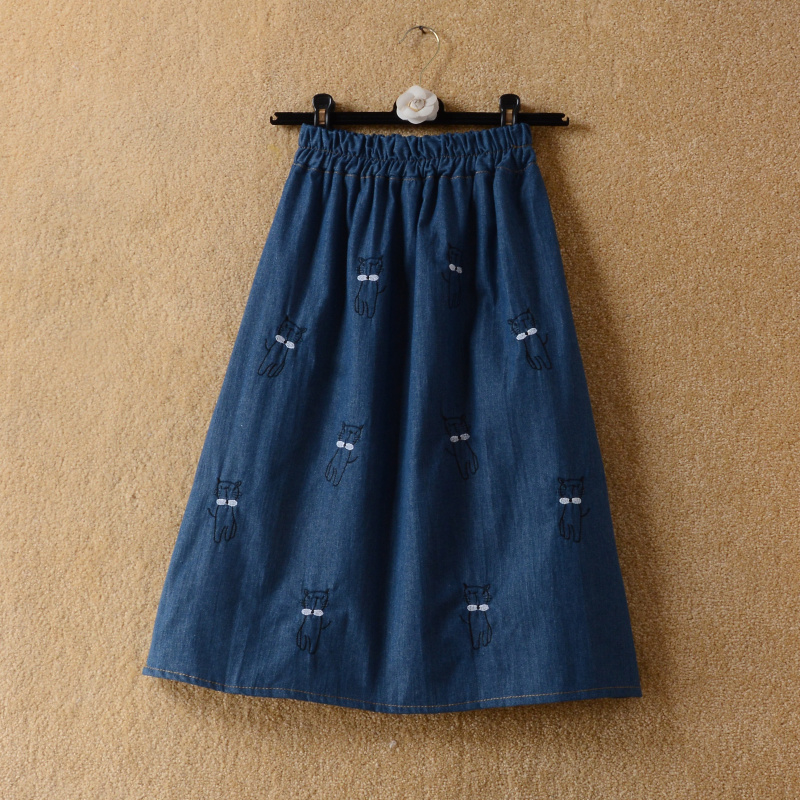 刺绣韩版高腰中长裙牛仔半身裙