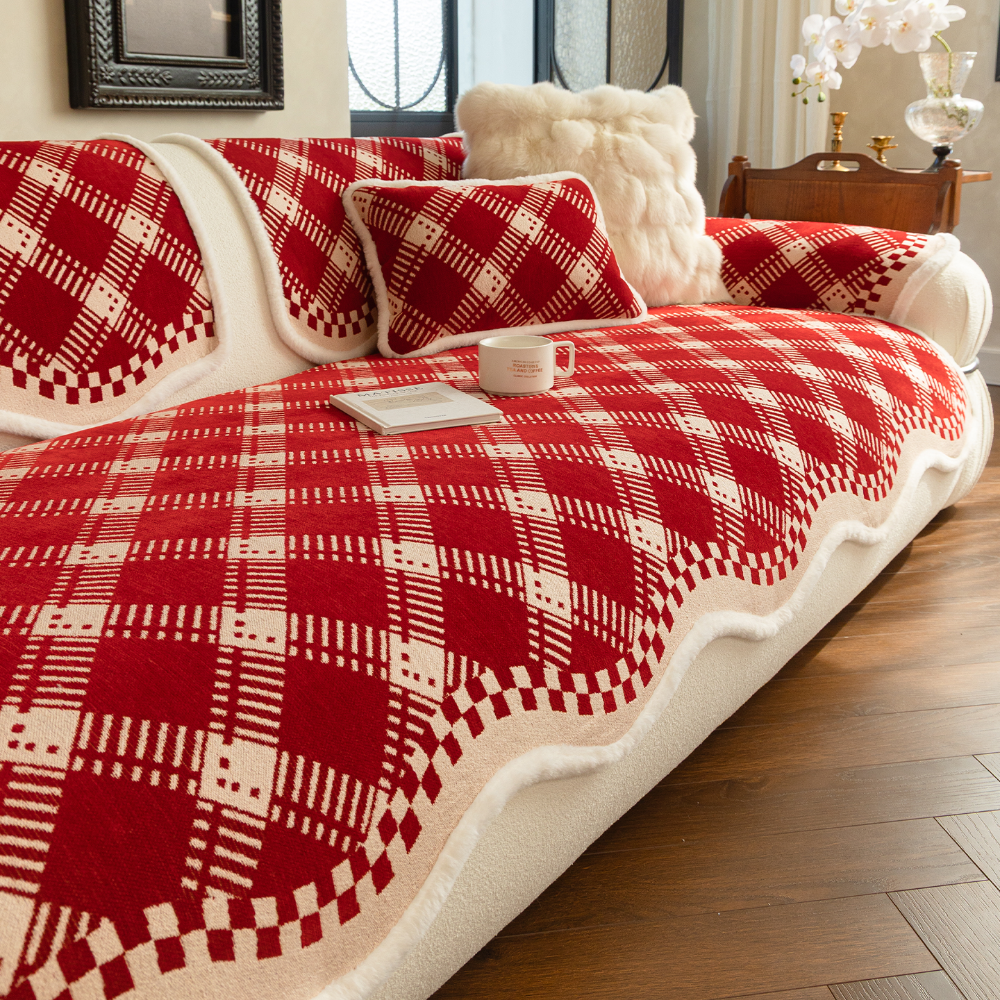 红色圣诞氛围沙发垫冬季2025新款坐垫子结婚喜庆沙发盖布婚房布置,居家布艺,沙发垫,淘宝优惠券,粉丝福利购,淘宝优惠卷