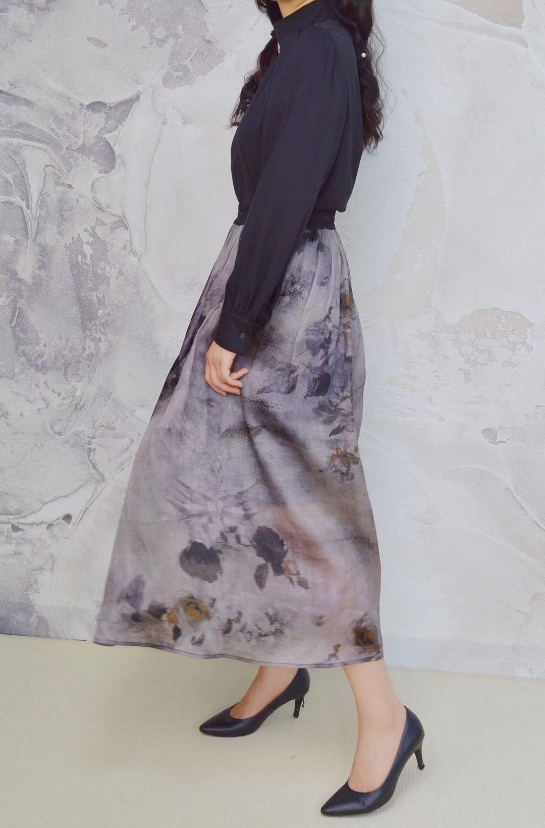 PetalsOnYou春季 真丝缎面欧根纱 梦幻优雅紫仙女裙 质感伞裙通勤