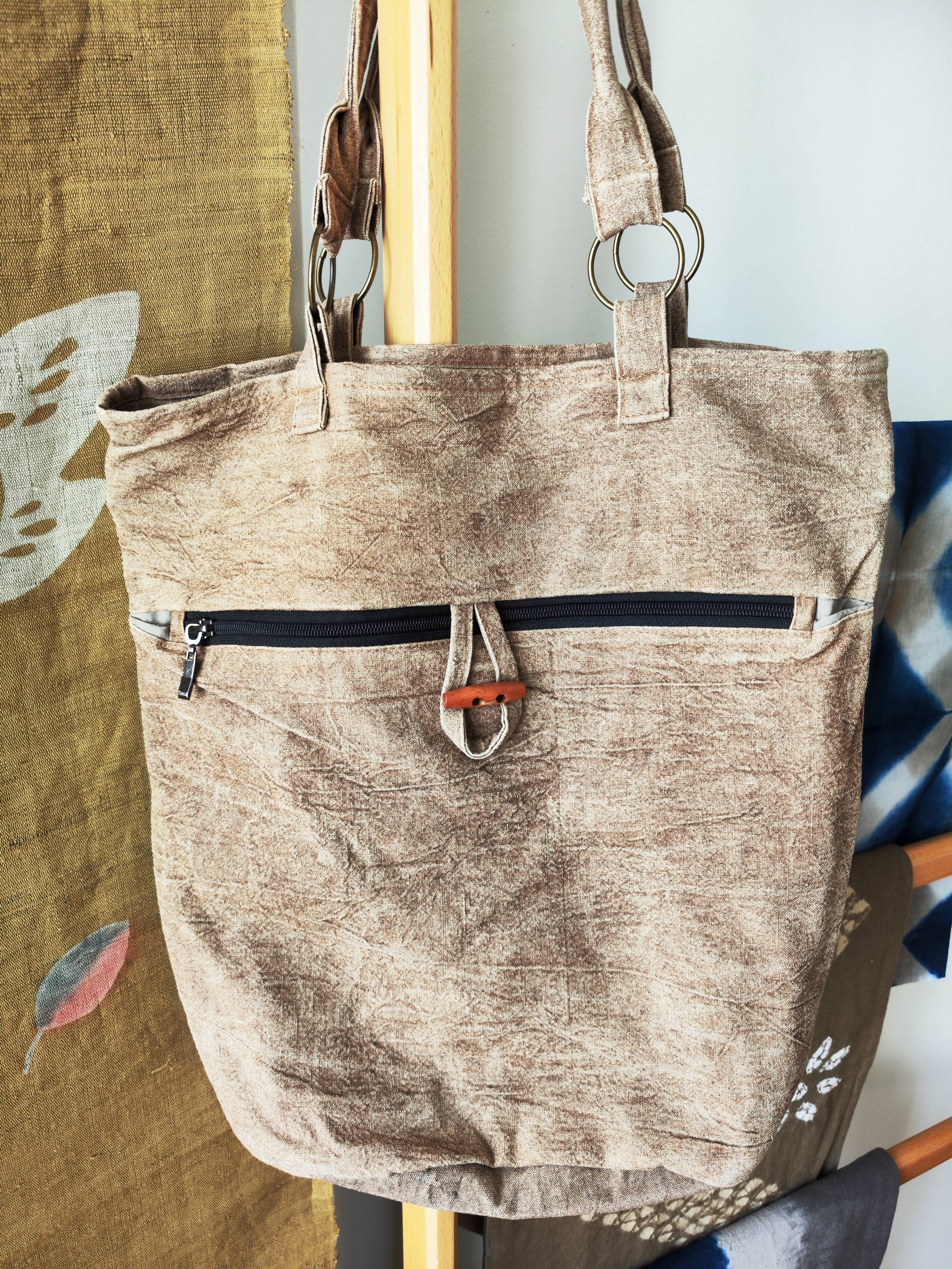 云南手工草木染柿子染复古手拎包提包个性挎包拉链包深浅双色入