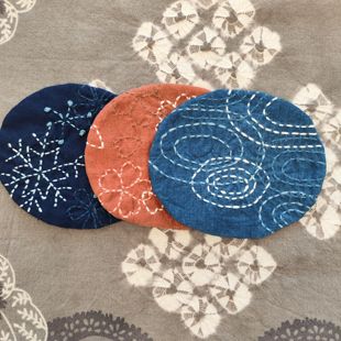 扎染刺字绣棉麻椭圆手工夹棉杯垫茶垫花朵雪花雨点自然之象
