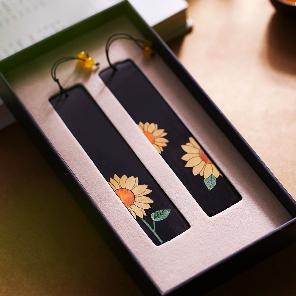 复古典中国风红木向日葵书签礼盒装 精美木质创意文艺小清新送老师