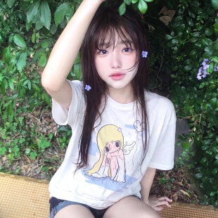 天生好命 重磅双纱纯棉“野有上秋”短袖t恤女新款夏小众百搭上衣