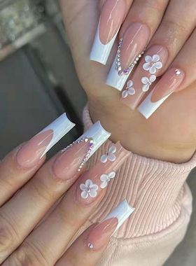 24pcs False Nails with glue flower design Long Coffin French