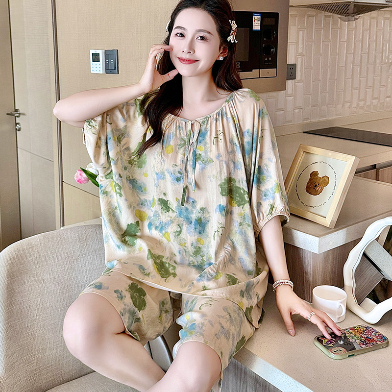 夏天睡衣女薄款学生绵绸家居服闺蜜春夏新款棉绸短袖短裤套装大码