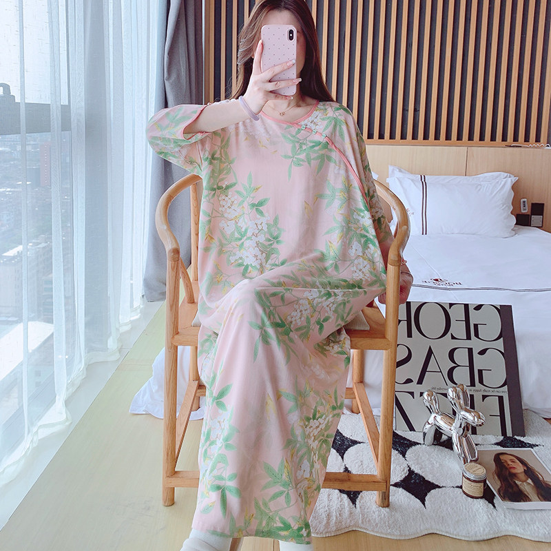 棉绸睡裙女夏可外穿家居服国风新中式高级感长裙大码宽松连衣裙薄