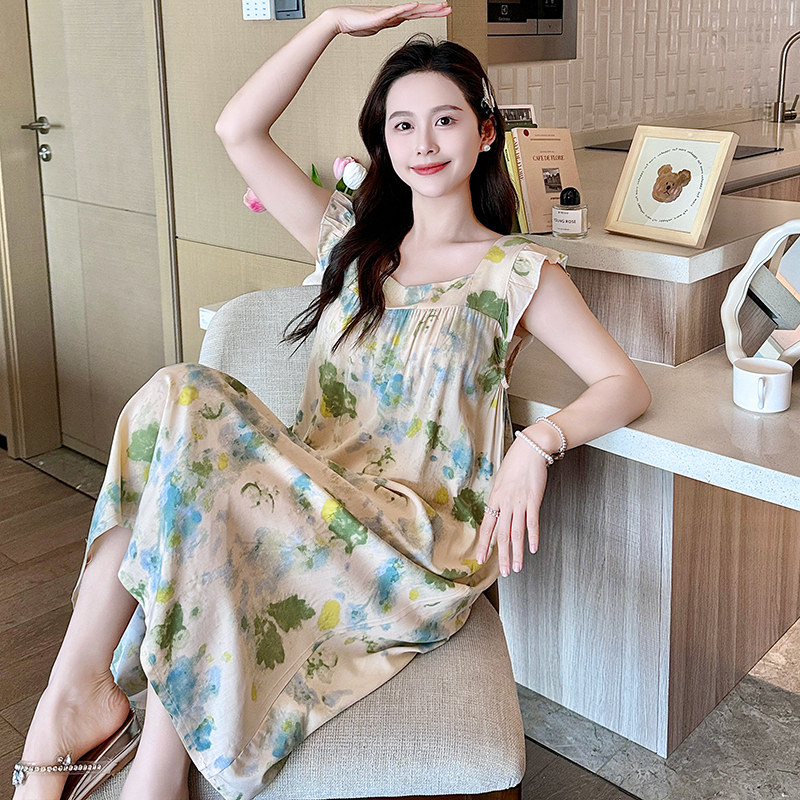 棉绸睡衣女夏无袖长裙棉绸家居服可外穿绵绸连衣裙宽松裙子孕妇裙