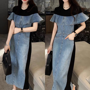 宽松显瘦连衣裙女欧洲站2025夏装新款欧货中长款复古荷叶边牛仔裙