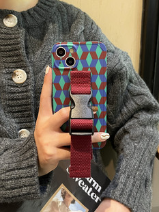 ins韩风格 max手机壳腕带iPhone16 pro 13复古酒红14支架防摔小众设计创意缝线 子适用苹果17