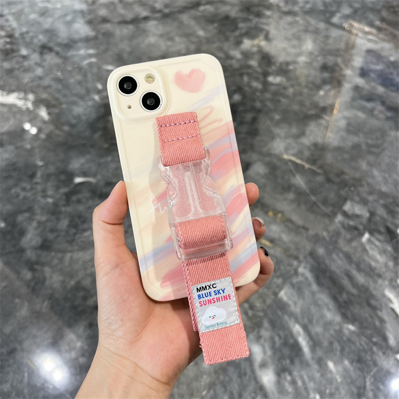 夏日清新线条涂鸦适用于苹果16 15 14pro max手机壳13粉色牛仔腕带12 11小众支架防摔防滑