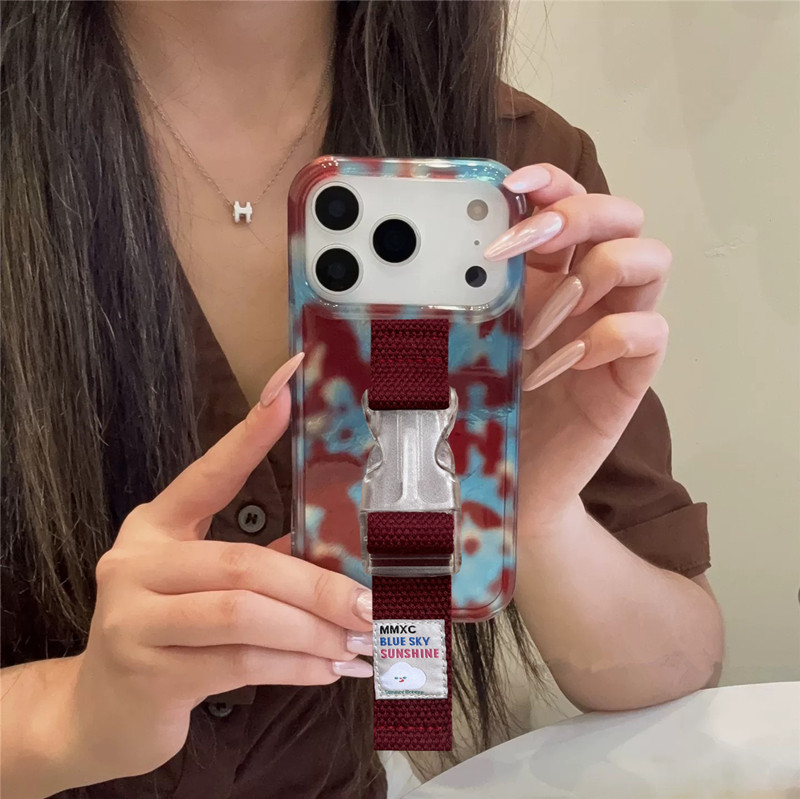 秋冬高级感酒红豹纹腕带适用苹果17 Pro Max手机壳16 15原创创意支架13 14小众晕染少女缝线腕带