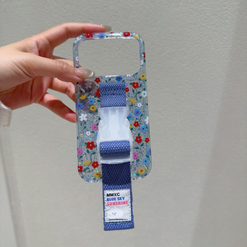 ins春日高级感韩风碎花花朵腕带适用苹果17 Pro Max手机壳16 15原创创意支架13 14小染少女缝线橙色腕带