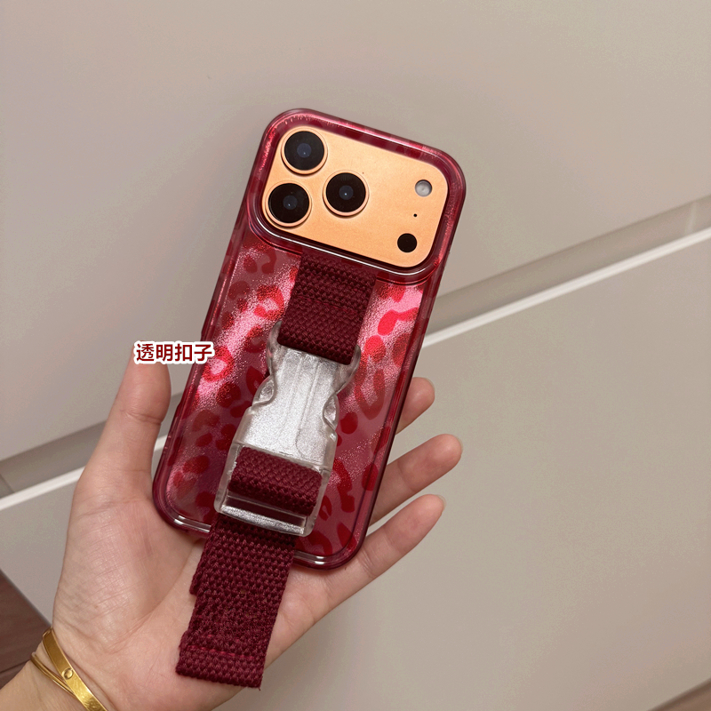 秋冬高级感酒红豹纹腕带适用苹果17 Pro Max手机壳16 15原创创意支架13 14小众晕染少女缝线腕带