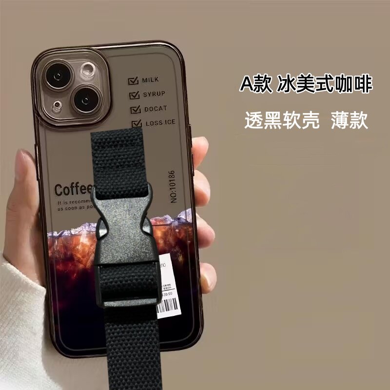 创意冰美式禁止熬夜17 16 15 14 13pro max手机壳腕带透明华为mate60 70 80支架P70 90小米17便携防摔旅游