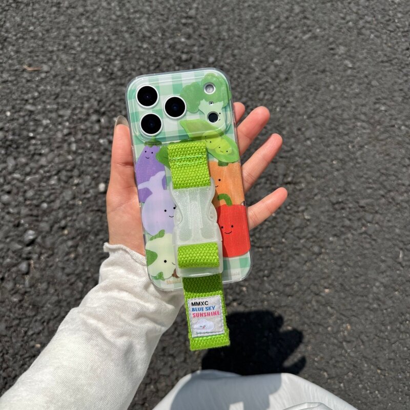 ins创意趣味蔬菜腕带适用苹果17 16 15 14 Pro Max手机壳13春夏绿色少女支架小众原创缝线腕带华为mate60 70