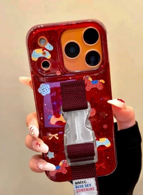 新年马年红色适用苹果17 16 Pro Max腕带手机壳苹果15 14 13创意秋冬小众原创少女可爱加厚防摔保护套