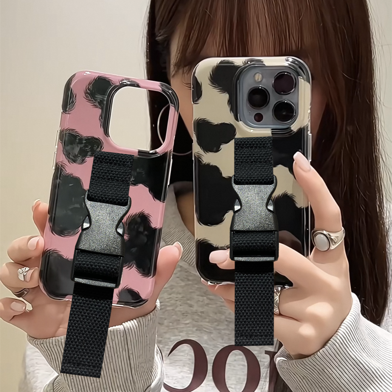 小众秋冬高级感奶牛纹腕带适用苹果17 Pro Max手机壳16 15原创创意支架13 14小众少女棕色缝线腕带