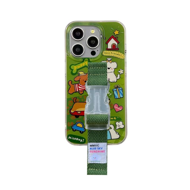 春夏绿色小狗适用苹果17 16 15腕带手机壳iPhone14 13少女粉色华为mate60pro 70 80支架支架小米17定制型号