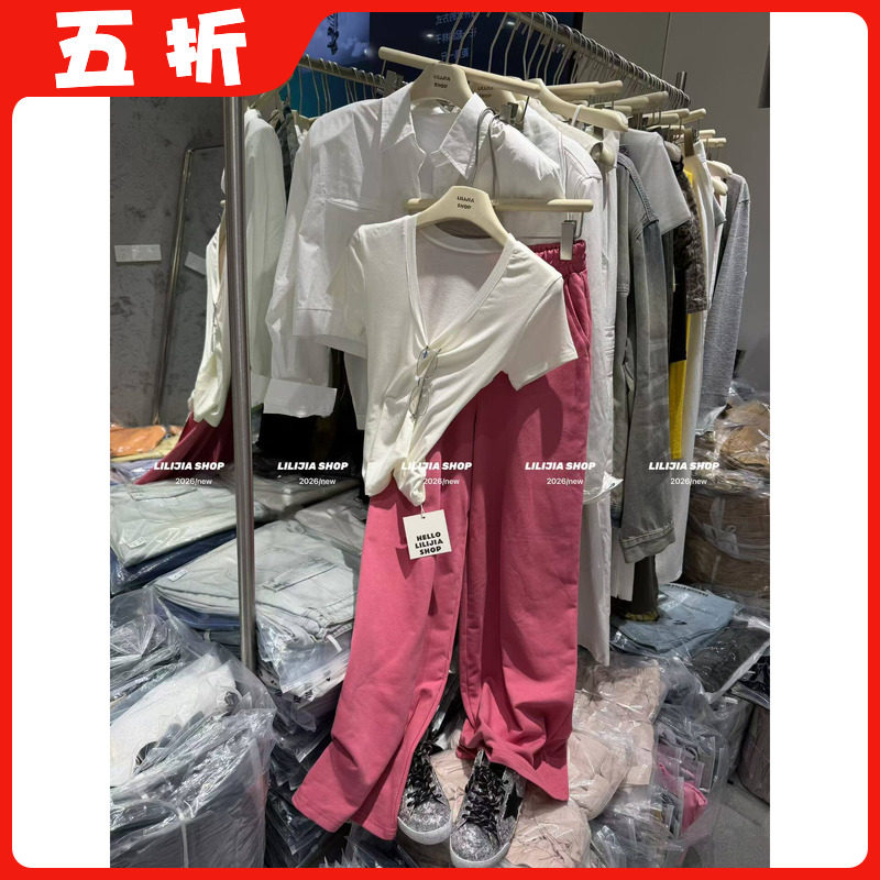 【五折】26春季新款韩版时尚百搭宽松显瘦V领短袖上衣+阔腿裤套装