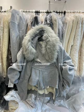 Miss家 韩系连帽毛领加绒冬季卫衣宽松慵懒外套女抽绳短裤两件套