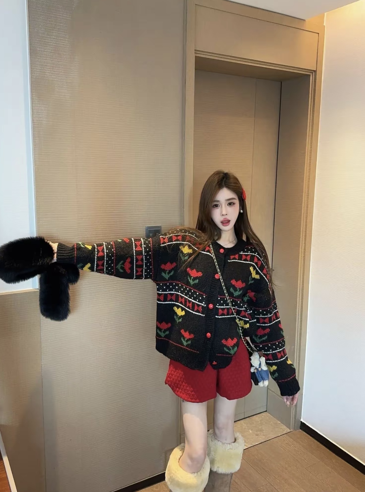 Miss家 复古提花针织开衫女2025冬慵懒风宽松软糯毛衣外套上衣