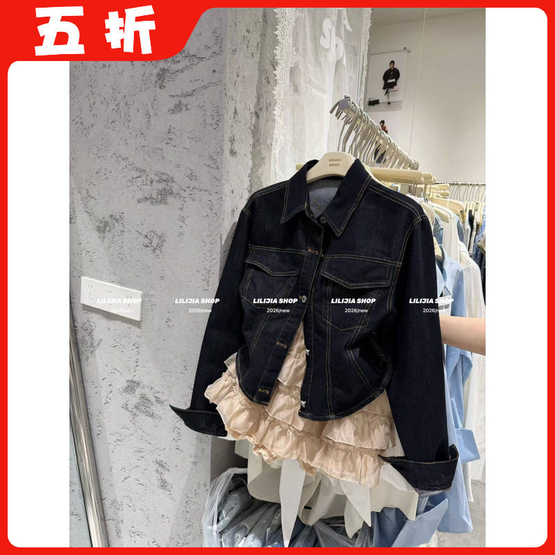 【五折】26新款韩版时尚百搭显瘦气质收腰深蓝色短款牛仔衬衫外套
