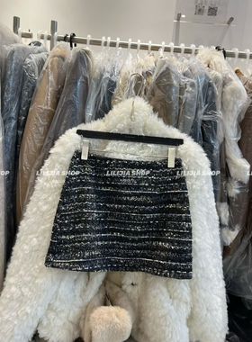 Miss家 美式辣妹性感小个子a字黑色亮片小香风包臀裙半身裙女