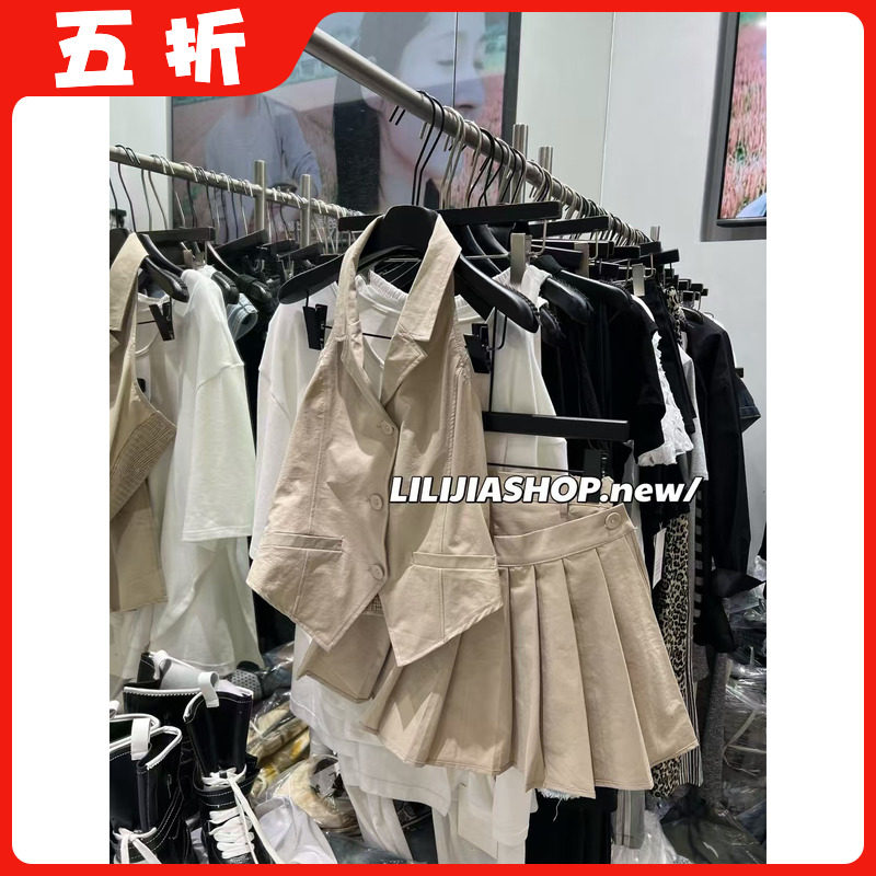 【五折】25夏季新款韩版时尚百搭显瘦无袖翻领背心+百褶短裙套装