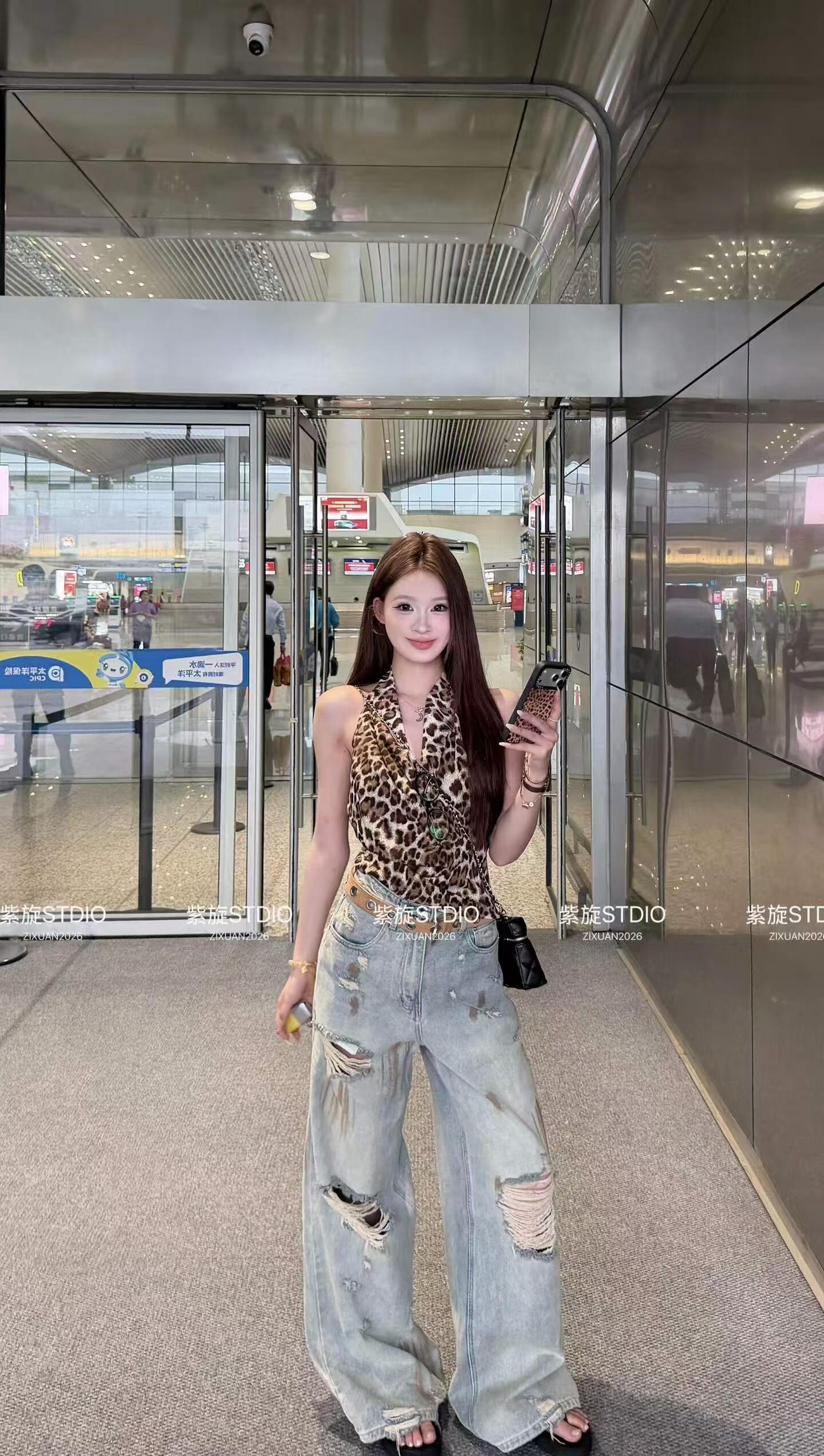 Miss家 美式复古色破洞乞丐牛仔裤女高街小众设计感长裤子配腰带