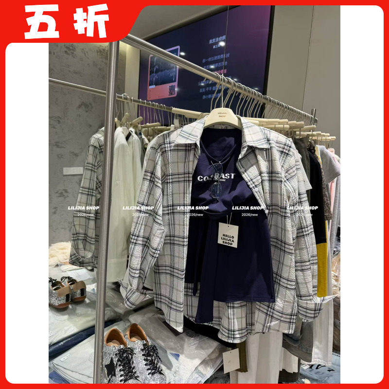 【五折】26春新韩版时尚百搭宽松显瘦格子衬衫+背心短裙三件套装