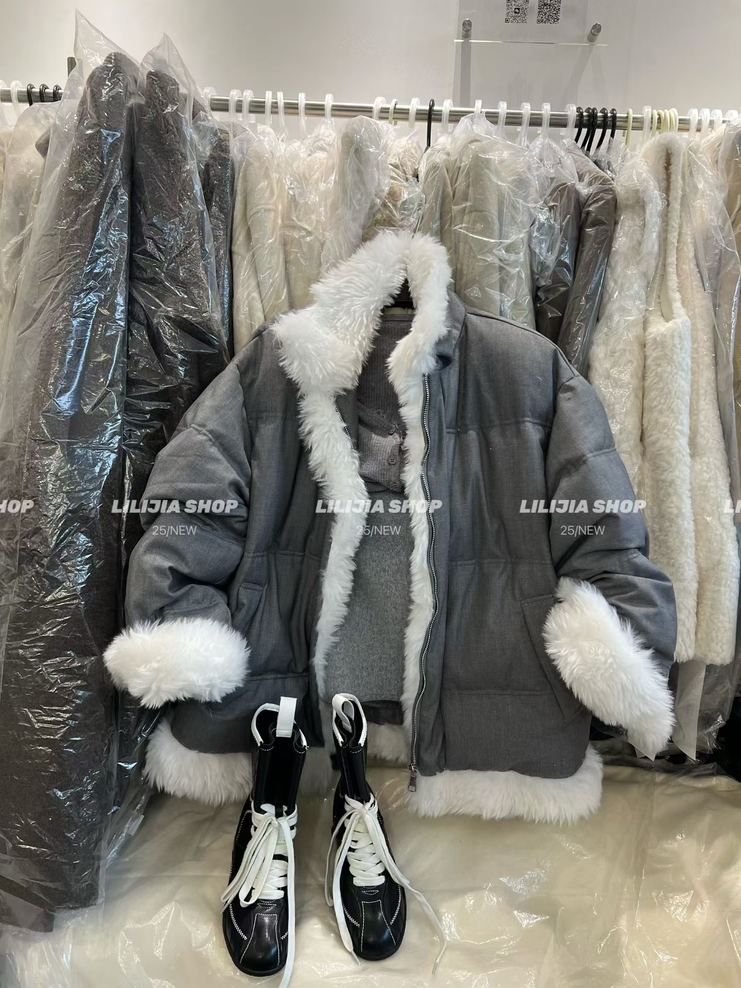 Miss家 灰色撞色羊羔毛拼接短宽松白鸭绒羽绒服中长款宽松外套