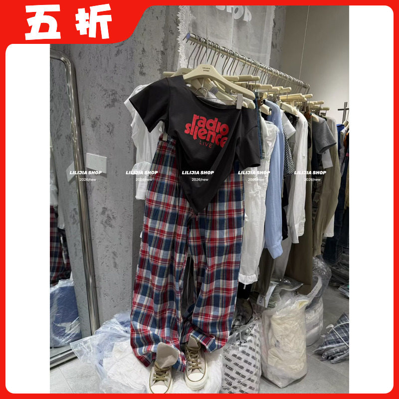 【五折】2026夏季韩版时尚百搭显瘦辣妹设计感短袖T恤+格子裤套装
