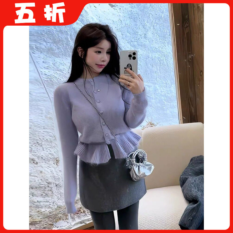 【五折】韩版木耳边长袖针织衫女秋冬收腰显瘦软糯毛衣短款上衣