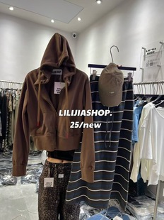 Miss家秋季韩版时尚百搭显瘦连帽拉链长袖卫衣外套条纹一步裙套装