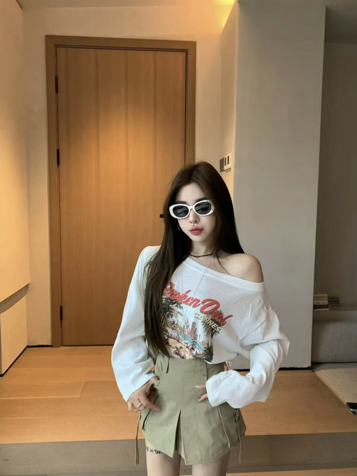 Miss家 2026夏季新款韩版时尚百搭显瘦海岛印花斜肩防晒长袖T恤女